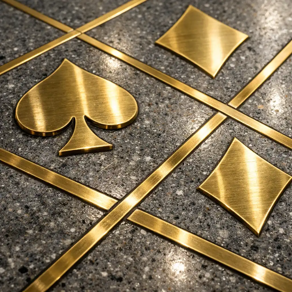 Detail leštěné betonové podlahy s mosaznými intarziemi ve tvaru piků a kár