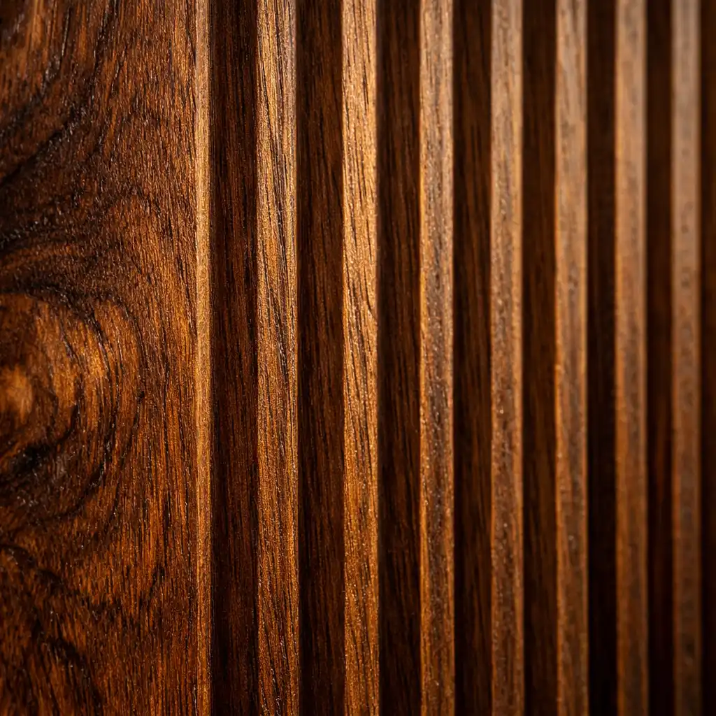 Detail stěnového panelu z ořechového dřeva s jemným drážkováním