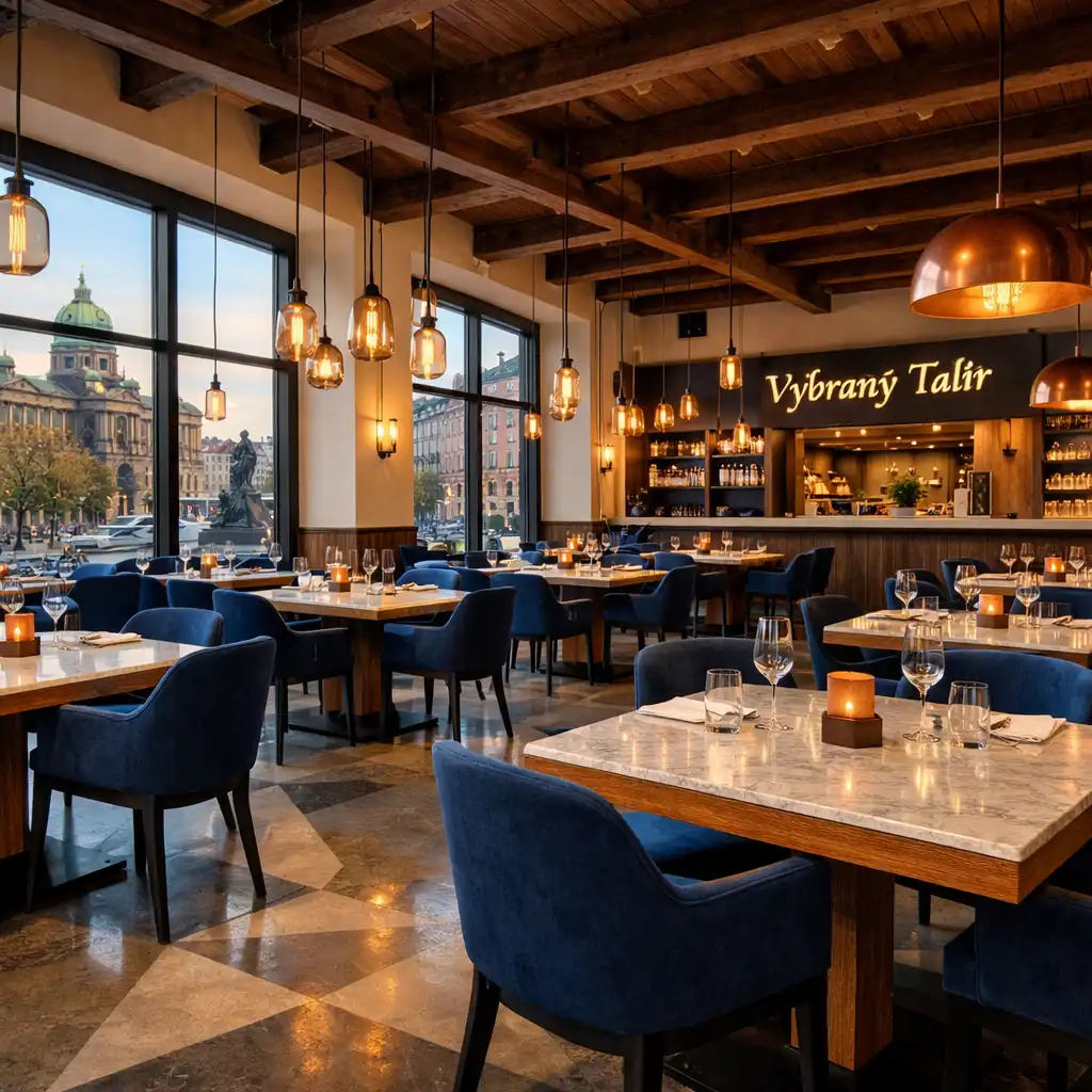 Hlavní sál restaurace Vybraný Talíř s vysokými stropy, dubovými stoly a teplým osvětlením