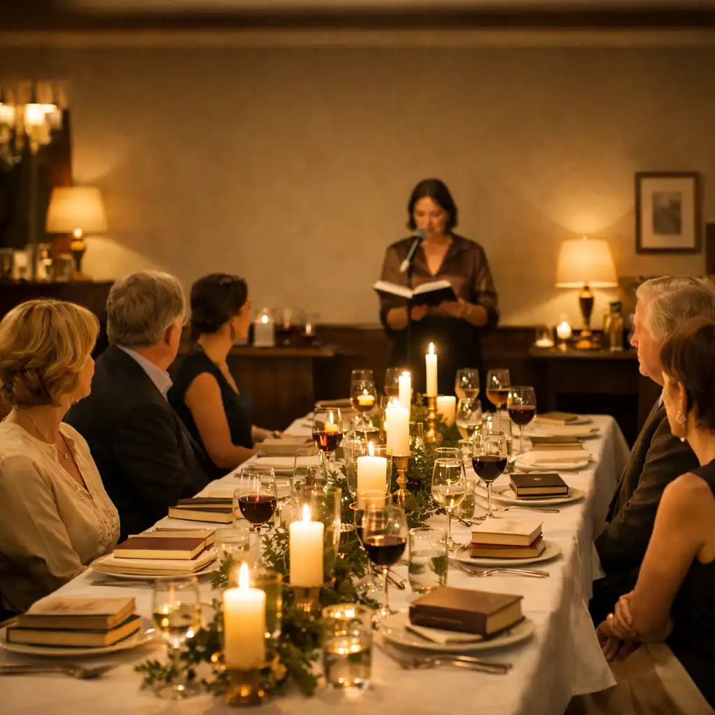 Elegantní interiér restaurace během literárního večera s dlouhým stolem, svíčkami a knihami