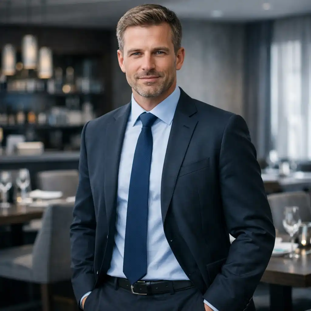Portrét manažera Martina Dvořáka v obleku v interiéru restaurace