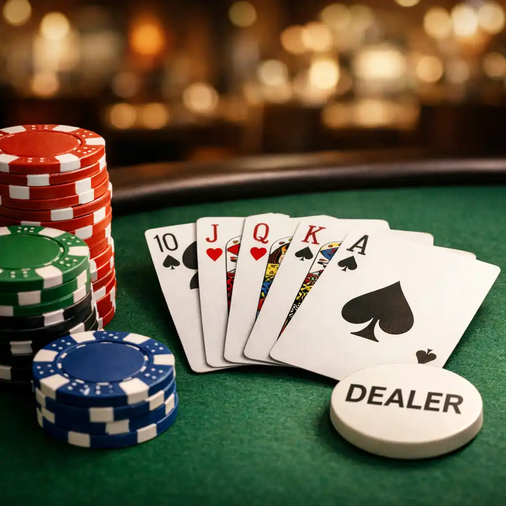 Detail pokerových karet a žetonů na stole