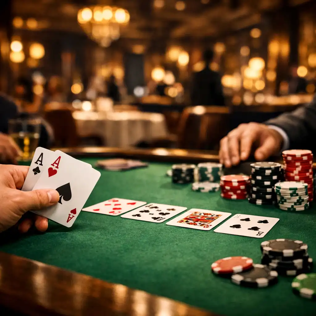 Pokerový stůl se zeleným plátnem, hracími kartami a žetony v elegantním prostředí restaurace