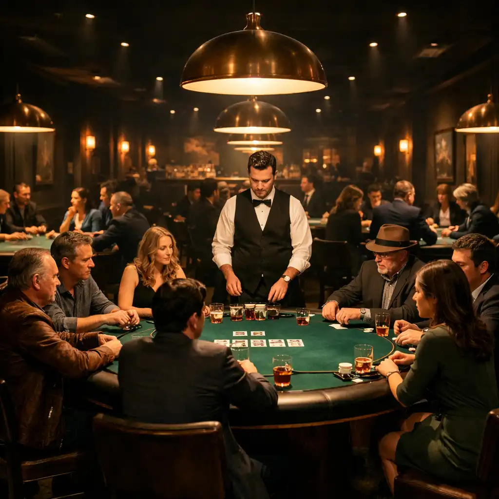 Interiér restaurace s pokerovými stoly během večera