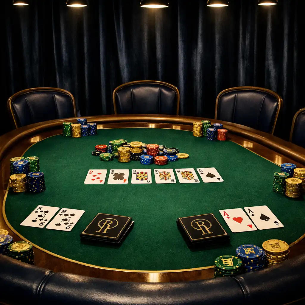 Pokerový stůl pro osm hráčů se žetony, kartami a tmavým sametovým závěsem v pozadí