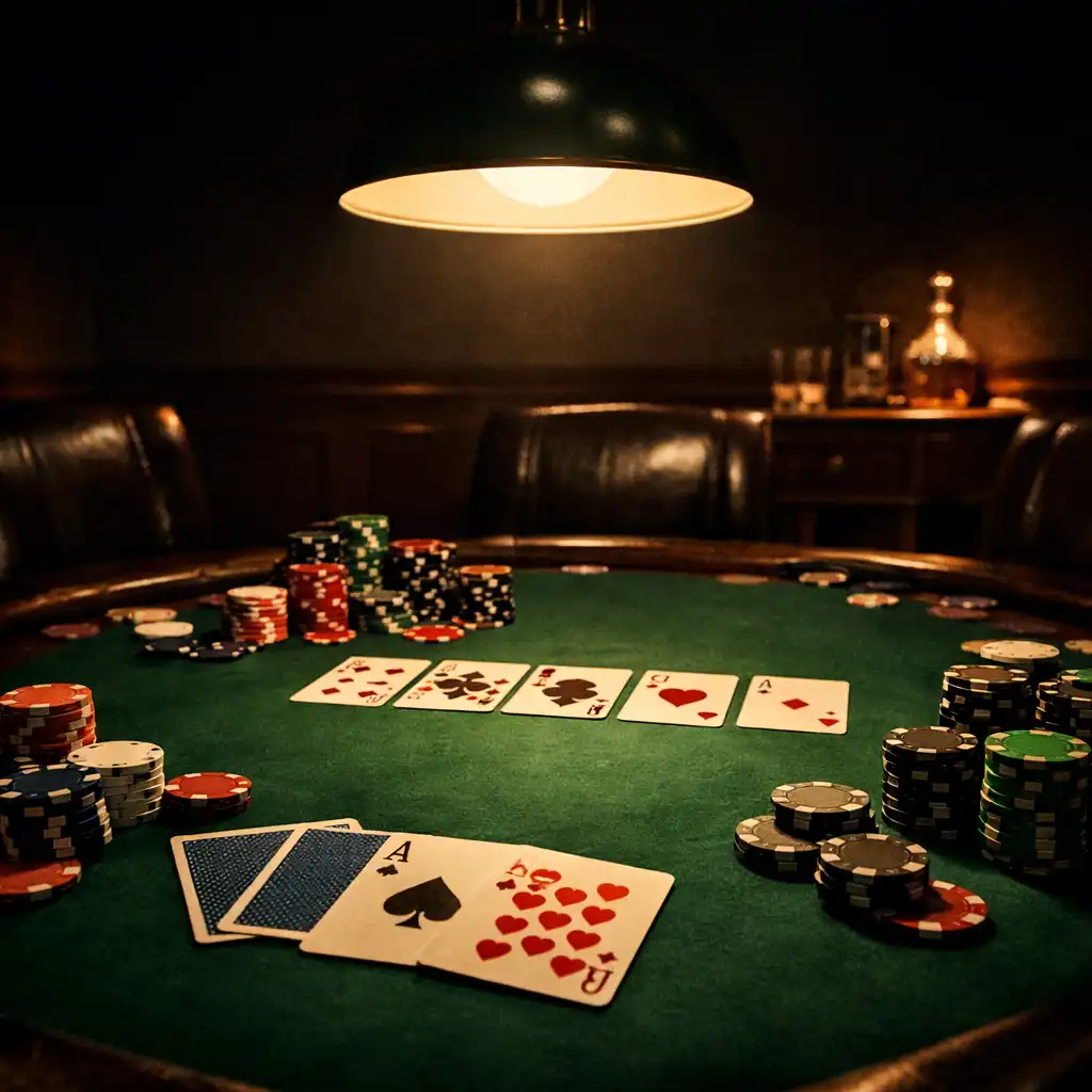Pokerový stůl se zeleným plátnem, žetony a kartami v tlumeně osvětlené soukromé jídelně
