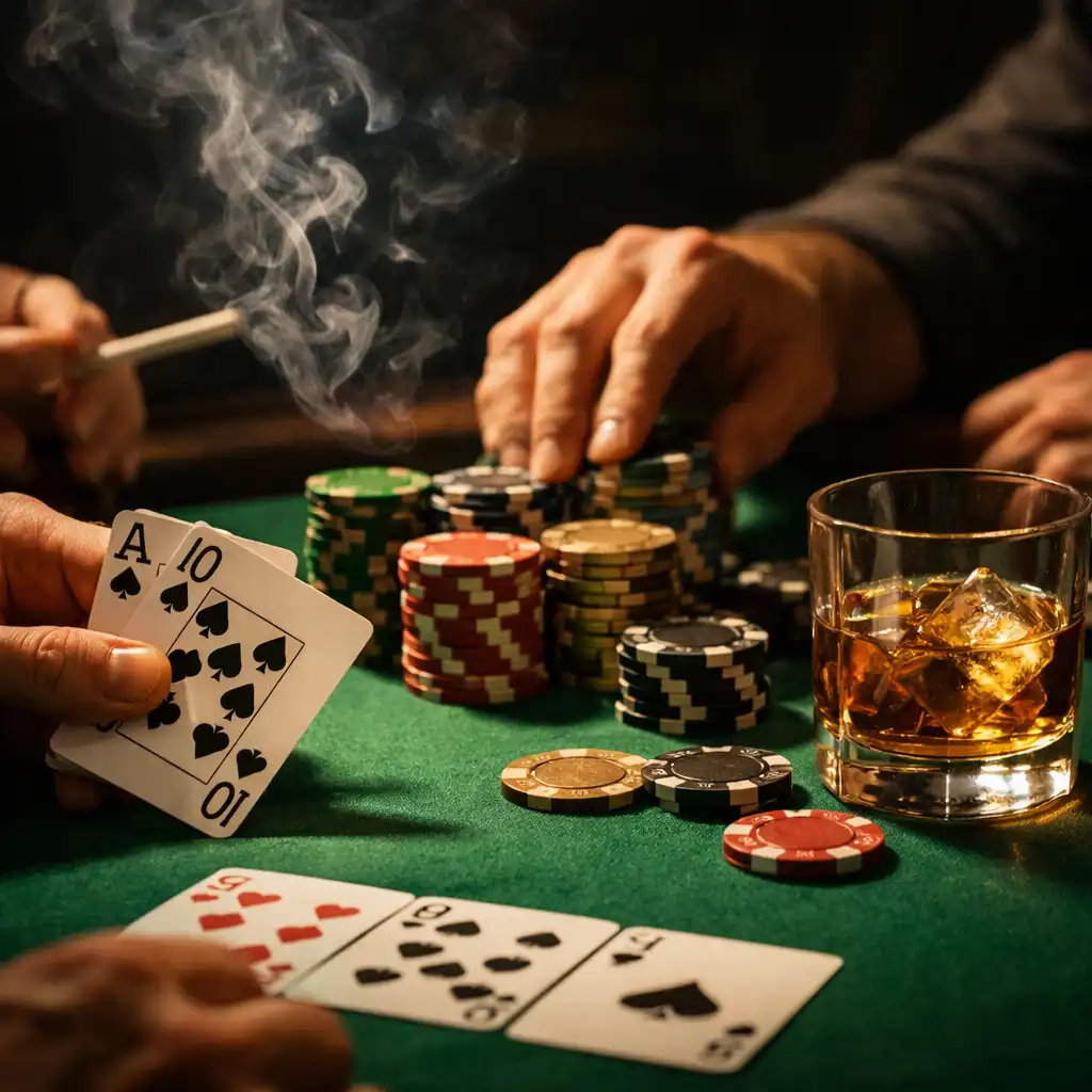 Pokerový večer s detailem rukou hráčů, žetonů a karet u zeleného stolu