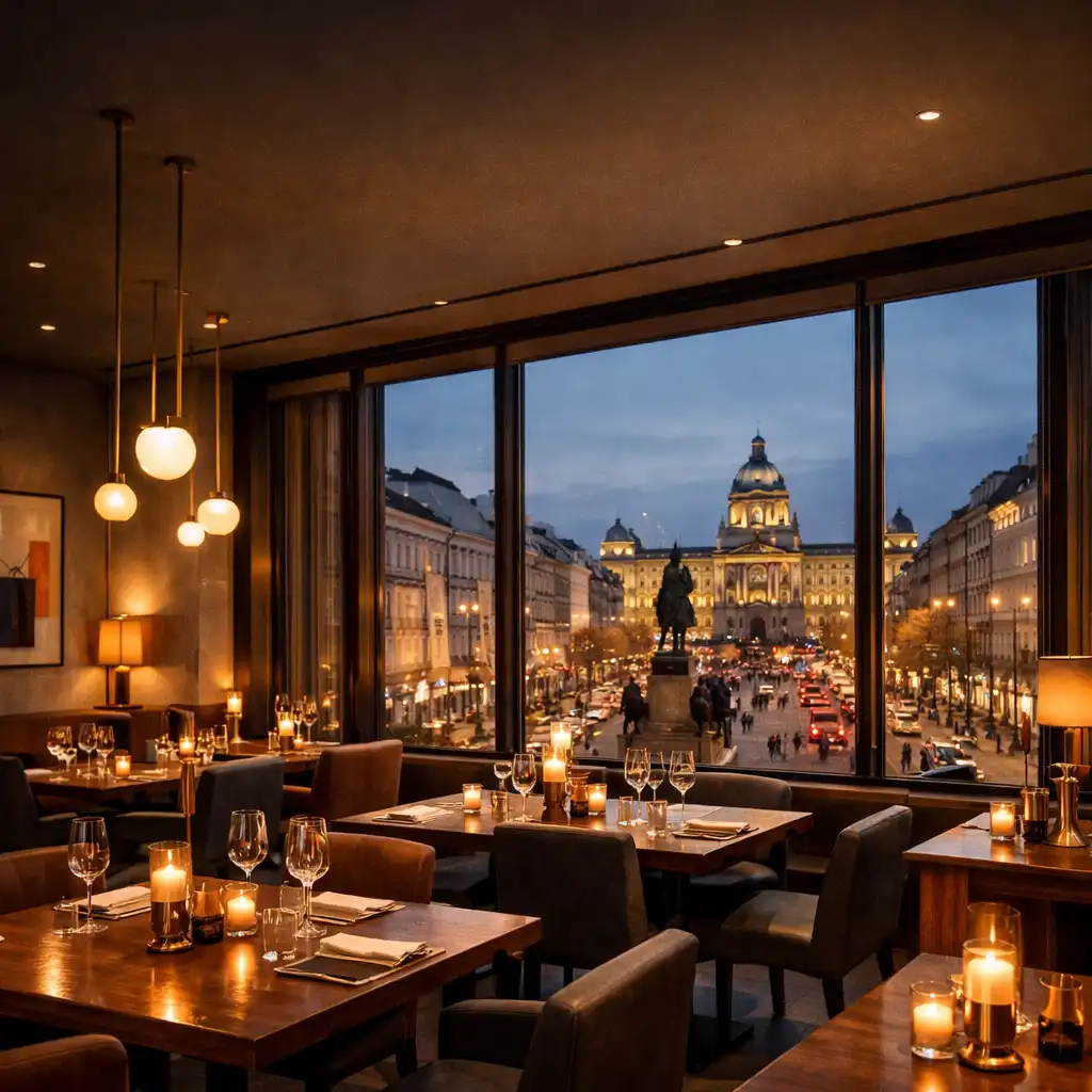 Interiér restaurace Vybraný Talíř s teplým osvětlením, dřevěnými stoly a mosaznými detaily