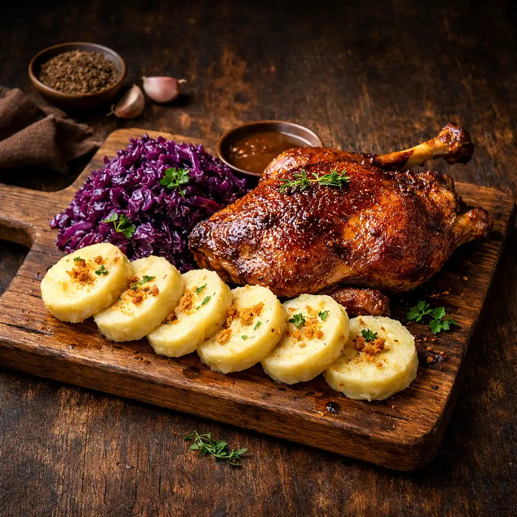 Pečená kachna s červeným zelím a bramborovými knedlíky