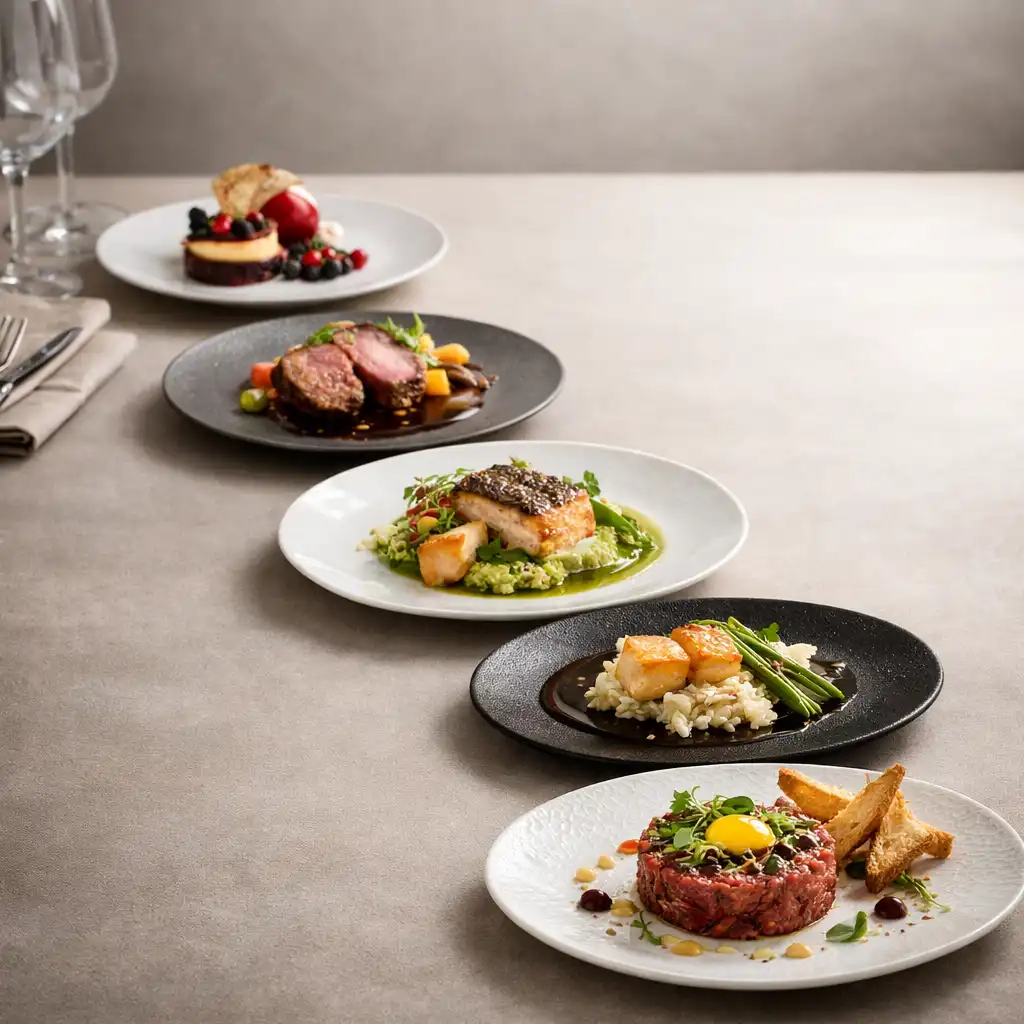 Elegantní pětichodové degustační menu servírované na dlouhém stole